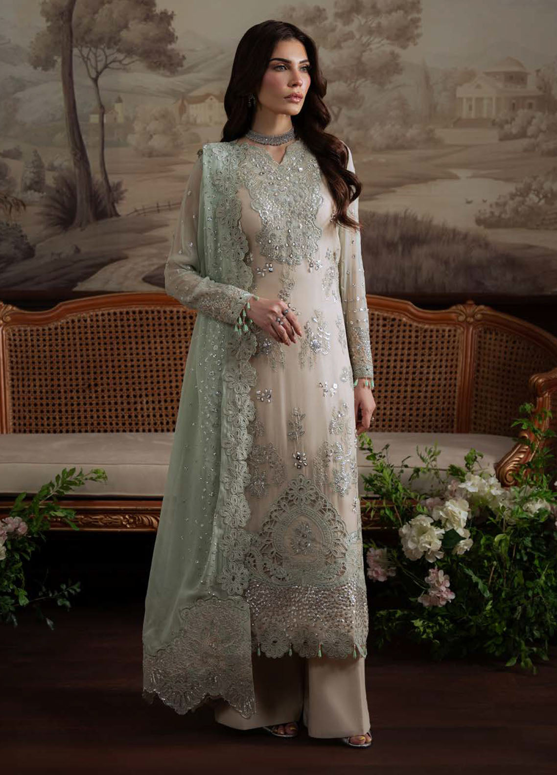 Nureh Embroidered Chiffon Suits Unstitched 4 Piece Suit NU25ELU NEL-73