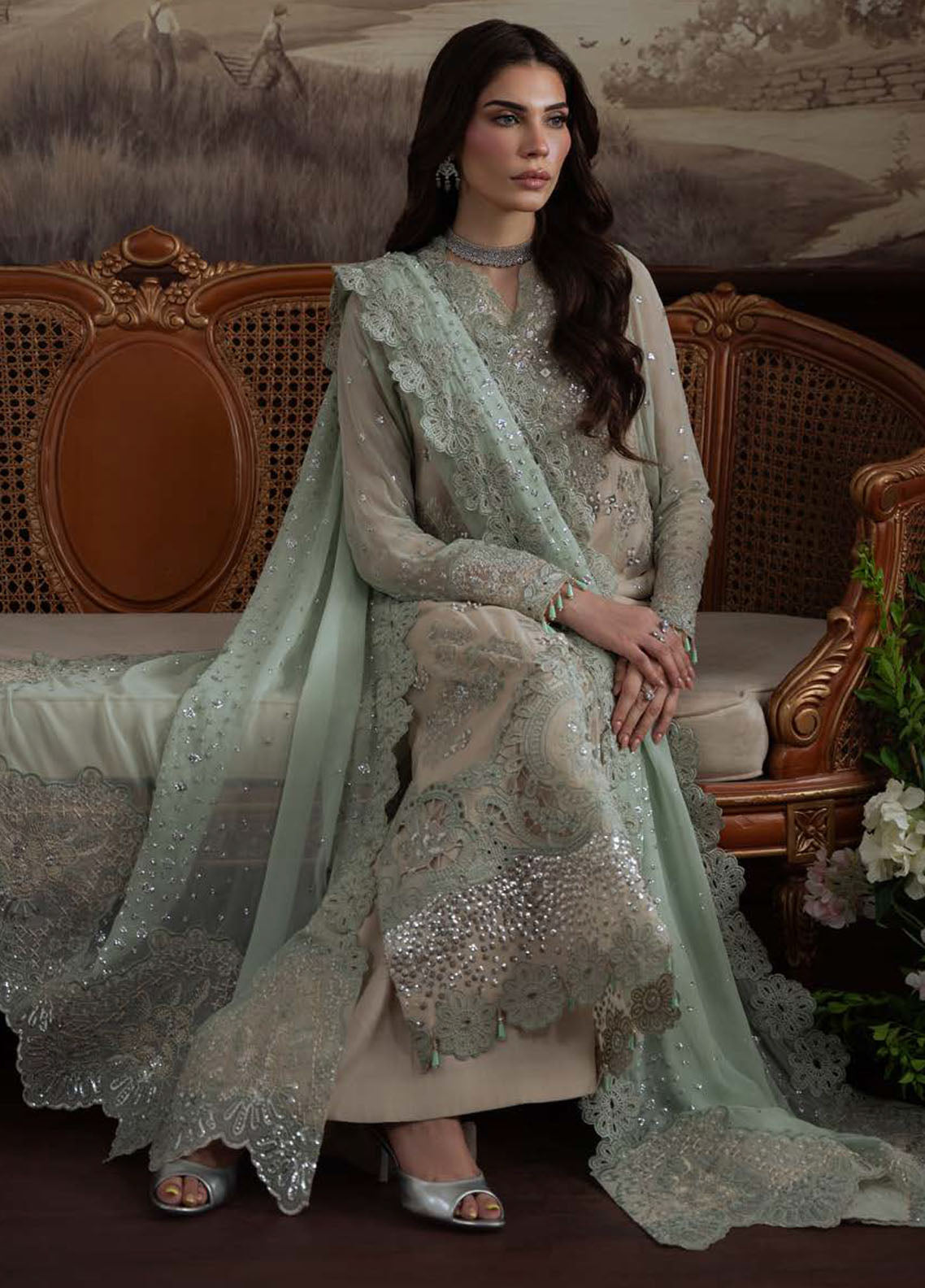Nureh Embroidered Chiffon Suits Unstitched 4 Piece Suit NU25ELU NEL-73