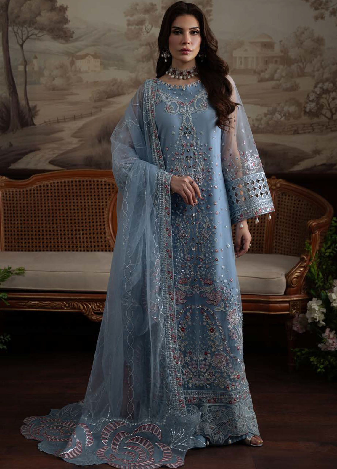 Nureh Embroidered Chiffon Suits Unstitched 4 Piece Suit NU25ELU NEL-74
