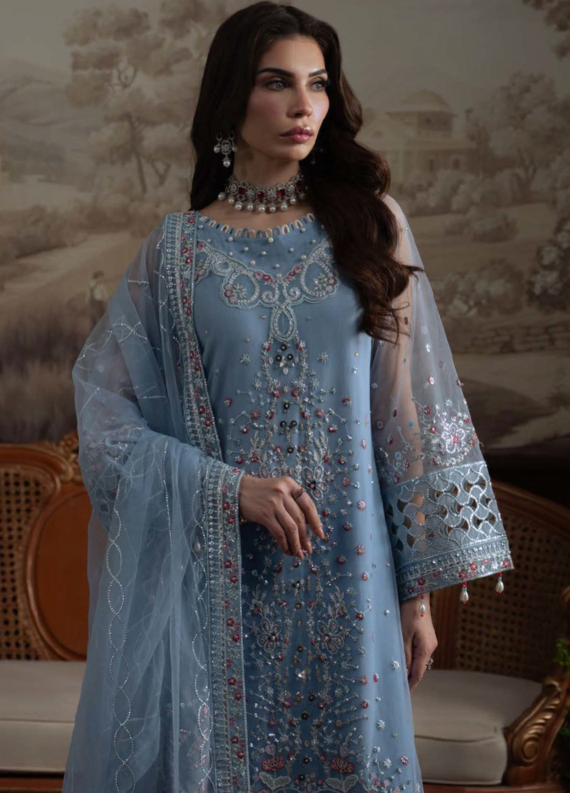 Nureh Embroidered Chiffon Suits Unstitched 4 Piece Suit NU25ELU NEL-74