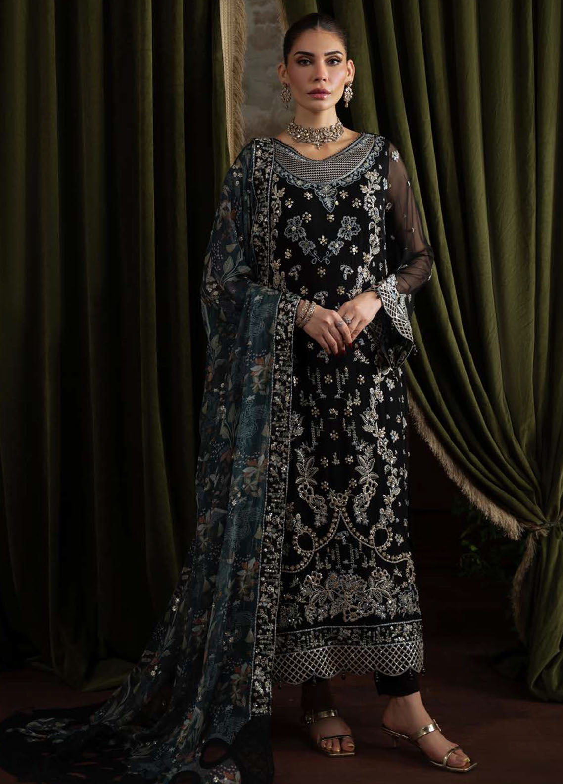 Nureh Embroidered Chiffon Suits Unstitched 4 Piece Suit NU25ELU NEL-75