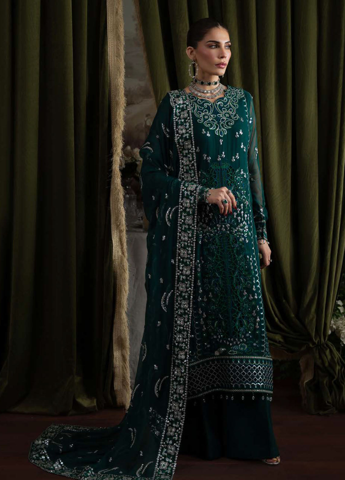 Nureh Embroidered Chiffon Suits Unstitched 4 Piece Suit NU25ELU NEL-77