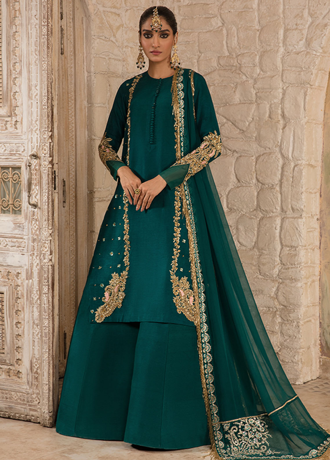 Saffron Pret Embroidered 3 Piece Suit 02 Emerald Elegance