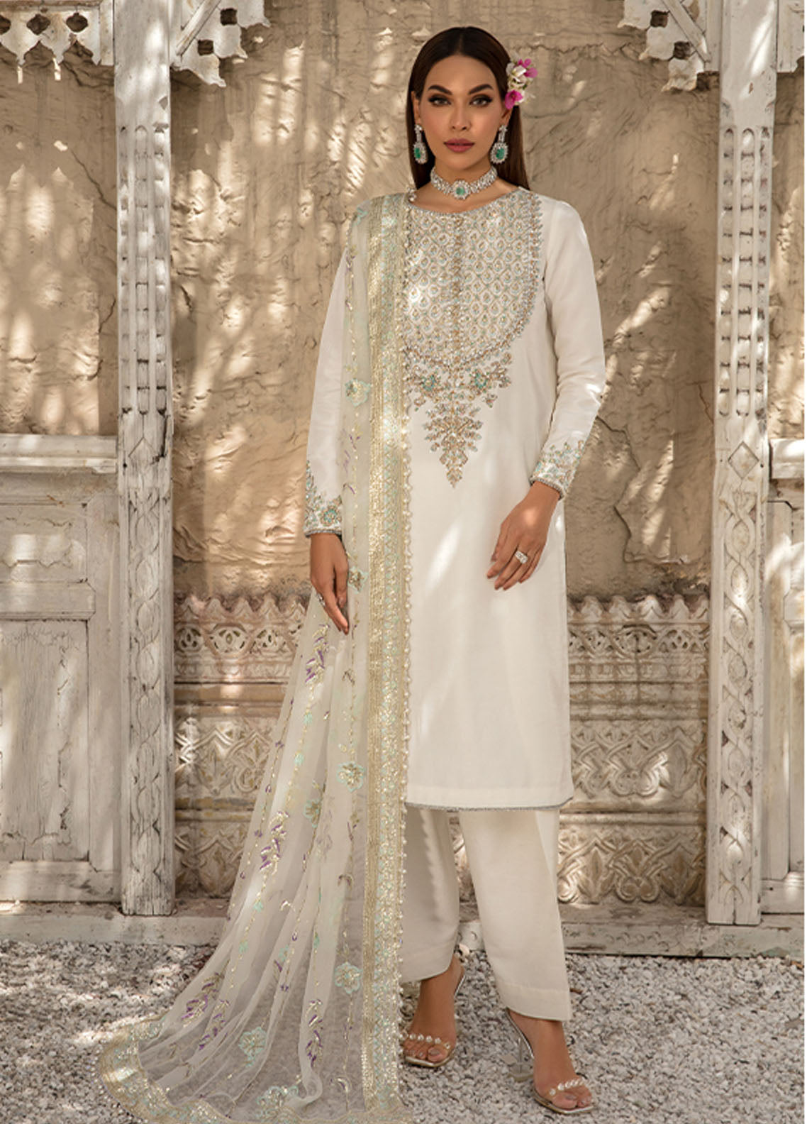 Saffron Pret Embroidered 3 Piece Suit 05 Pearl White