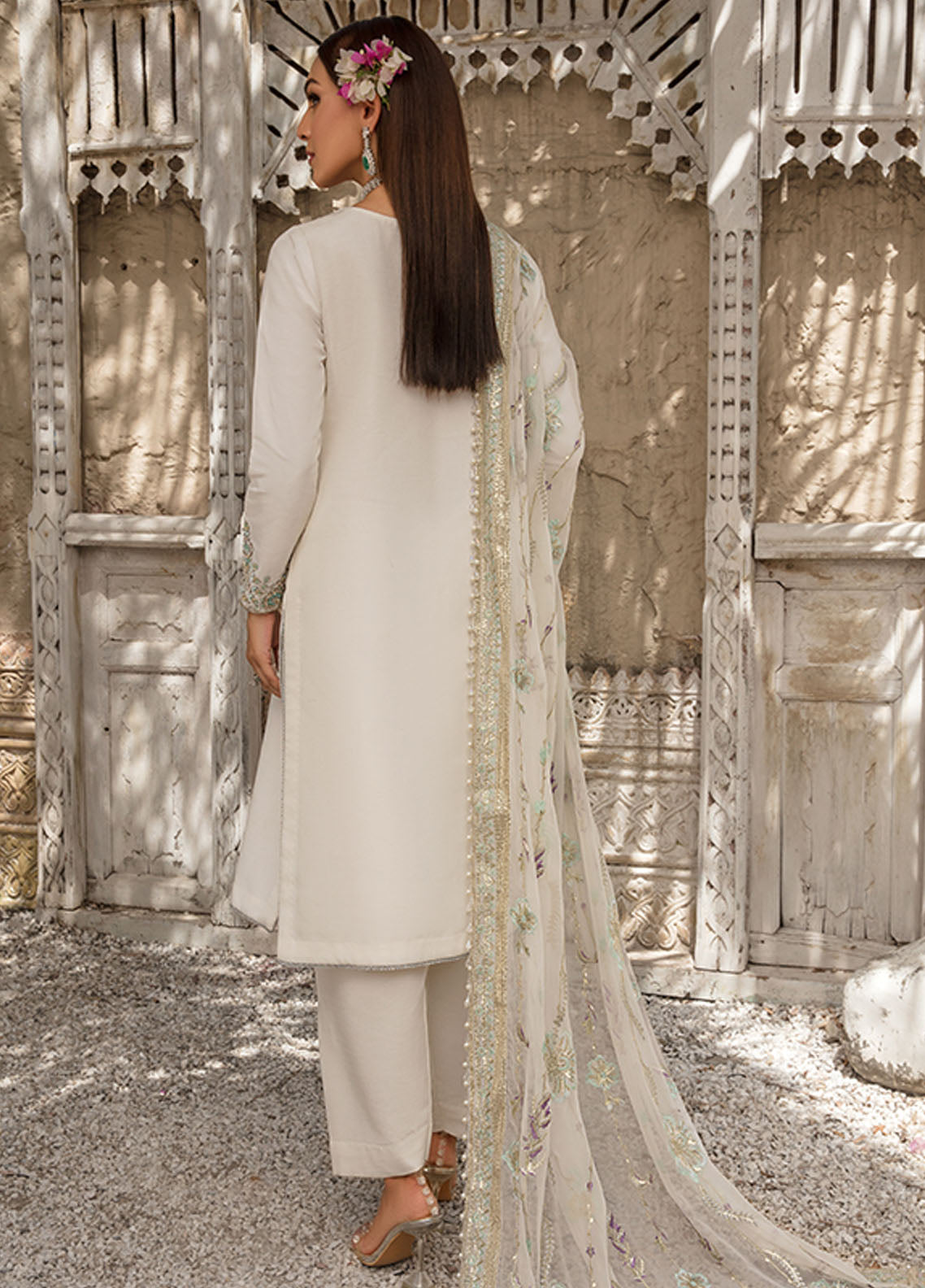 Saffron Pret Embroidered 3 Piece Suit 05 Pearl White