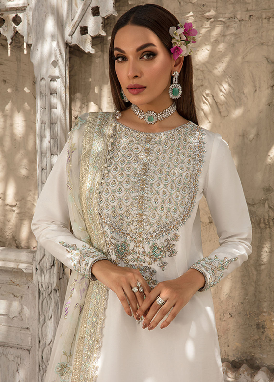 Saffron Pret Embroidered 3 Piece Suit 05 Pearl White