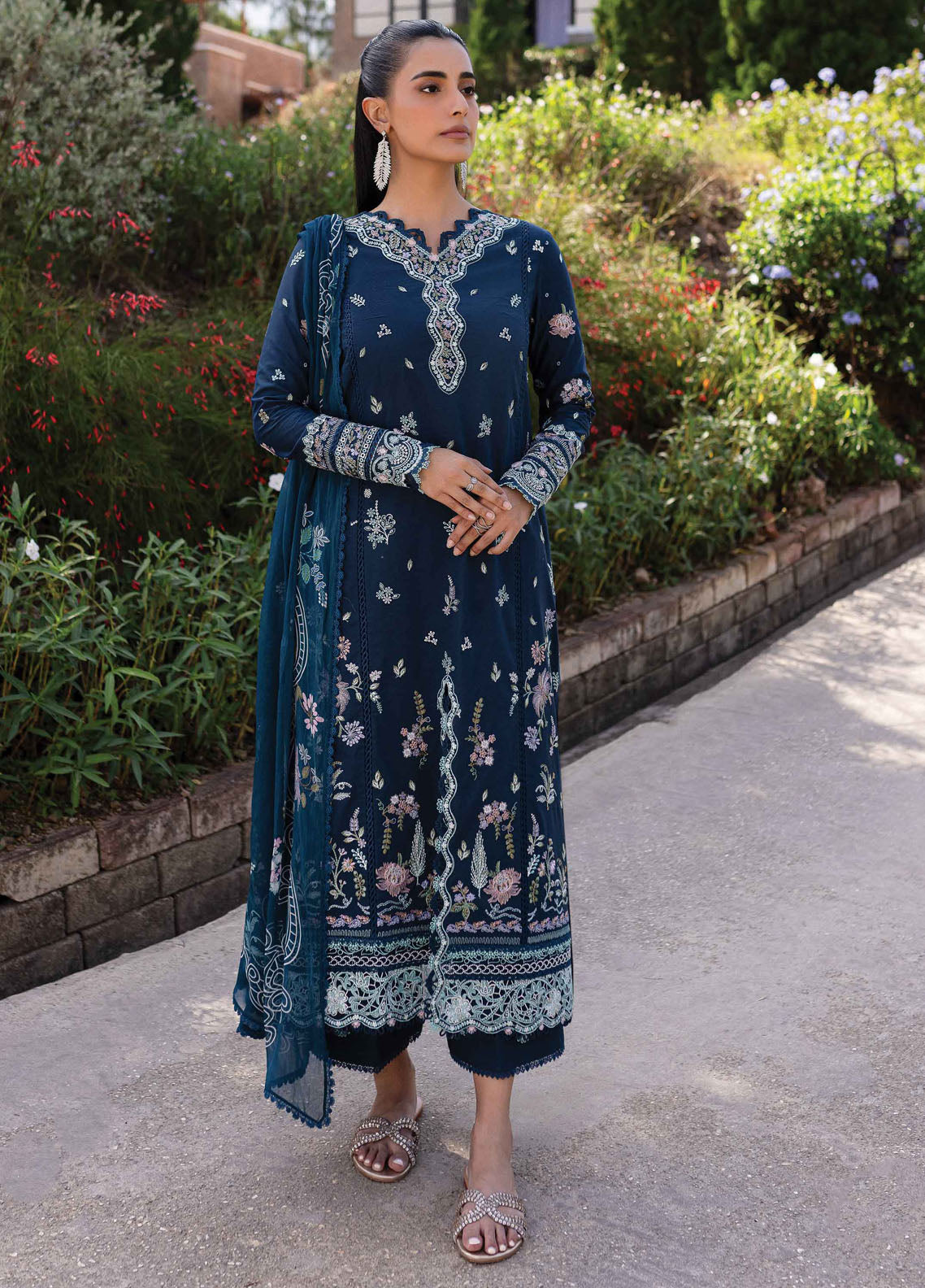 Q Line by Qalamkar Embroidered Lawn Suits Unstitched 3 Piece QM-01 Bleu