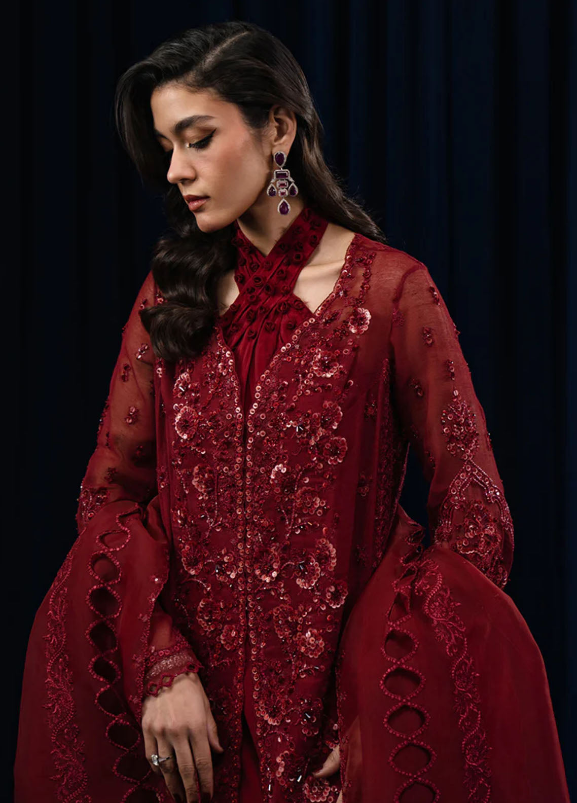 Qalamkar Pret Embroidered Cotton Net 4 Piece Suit CR-04 Riya