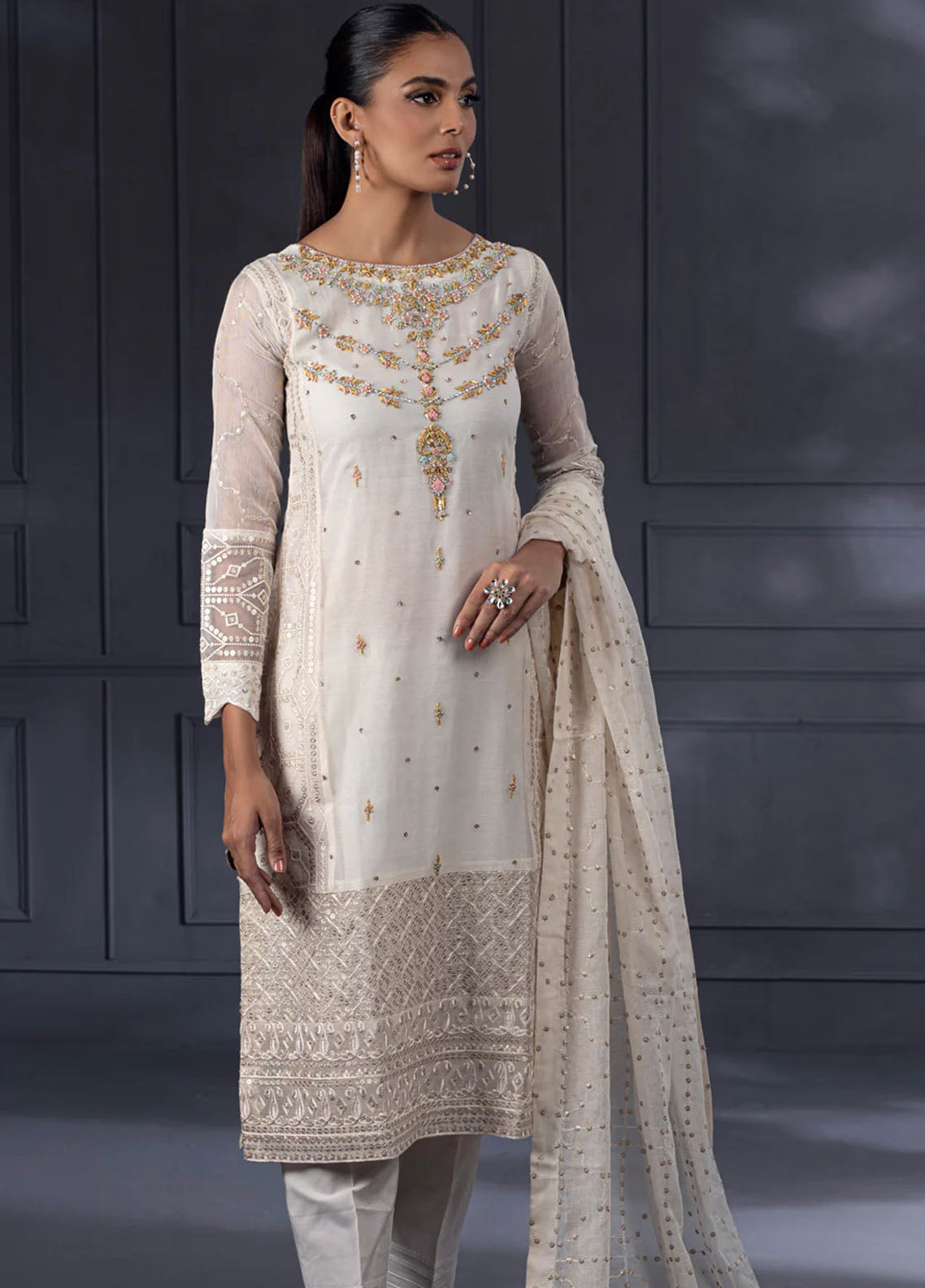 Shamooz Pret Embroidered Khaadi Net 3 Piece Suit SEM-0524 Ivory Glade