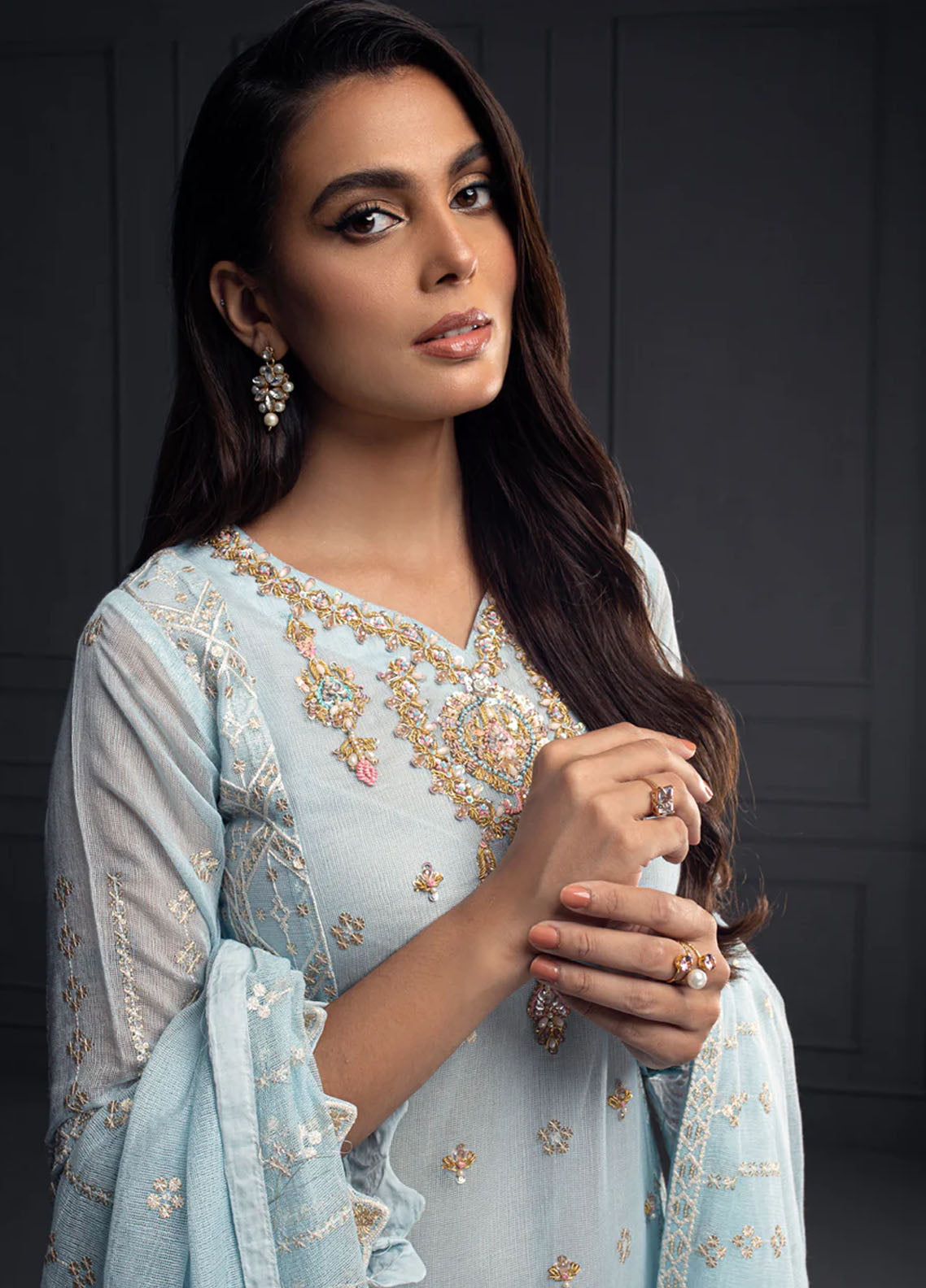 Shamooz Pret Embroidered Khaadi Net 3 Piece Suit SEM-0527 Light Blue