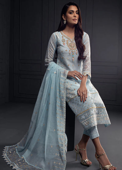 Shamooz Pret Embroidered Khaadi Net 3 Piece Suit SEM-0527 Light Blue