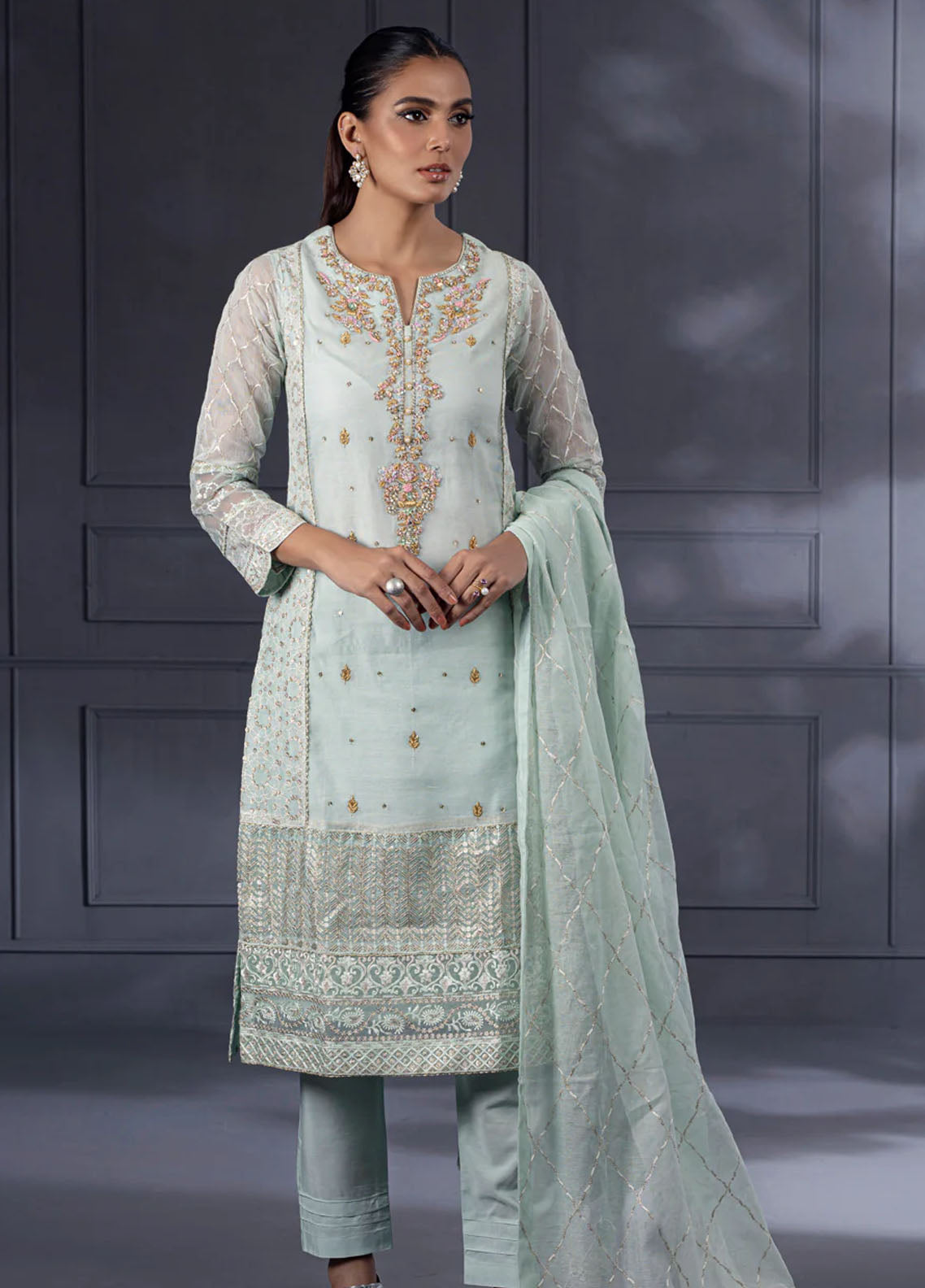 Shamooz Pret Embroidered Khaadi Net 3 Piece Suit SEM-0528 Pale Green