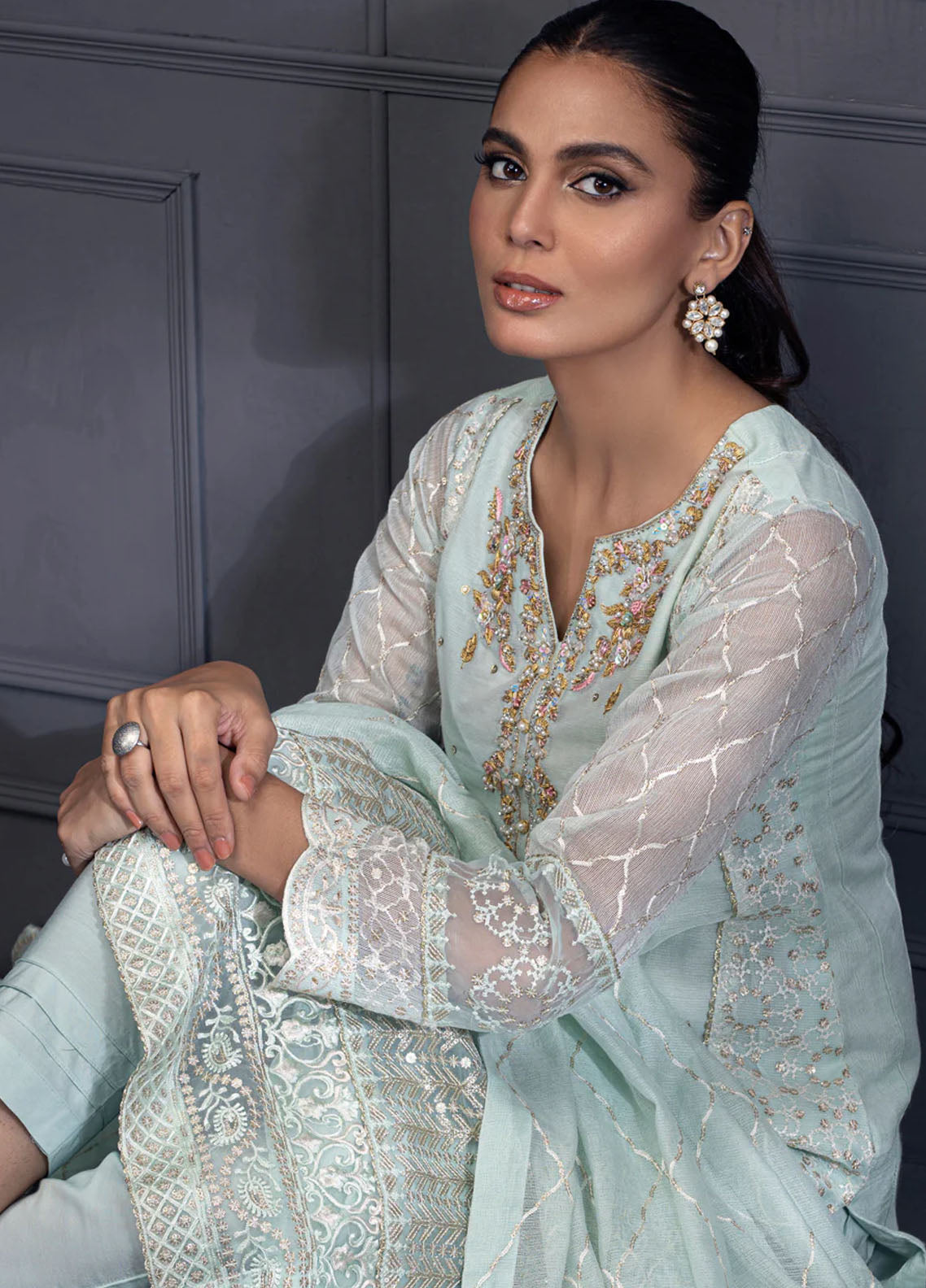 Shamooz Pret Embroidered Khaadi Net 3 Piece Suit SEM-0528 Pale Green