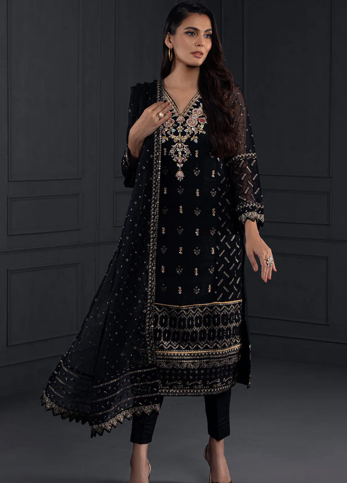 Shamooz Pret Embroidered Khaadi Net 3 Piece Suit SEM-0529 Black