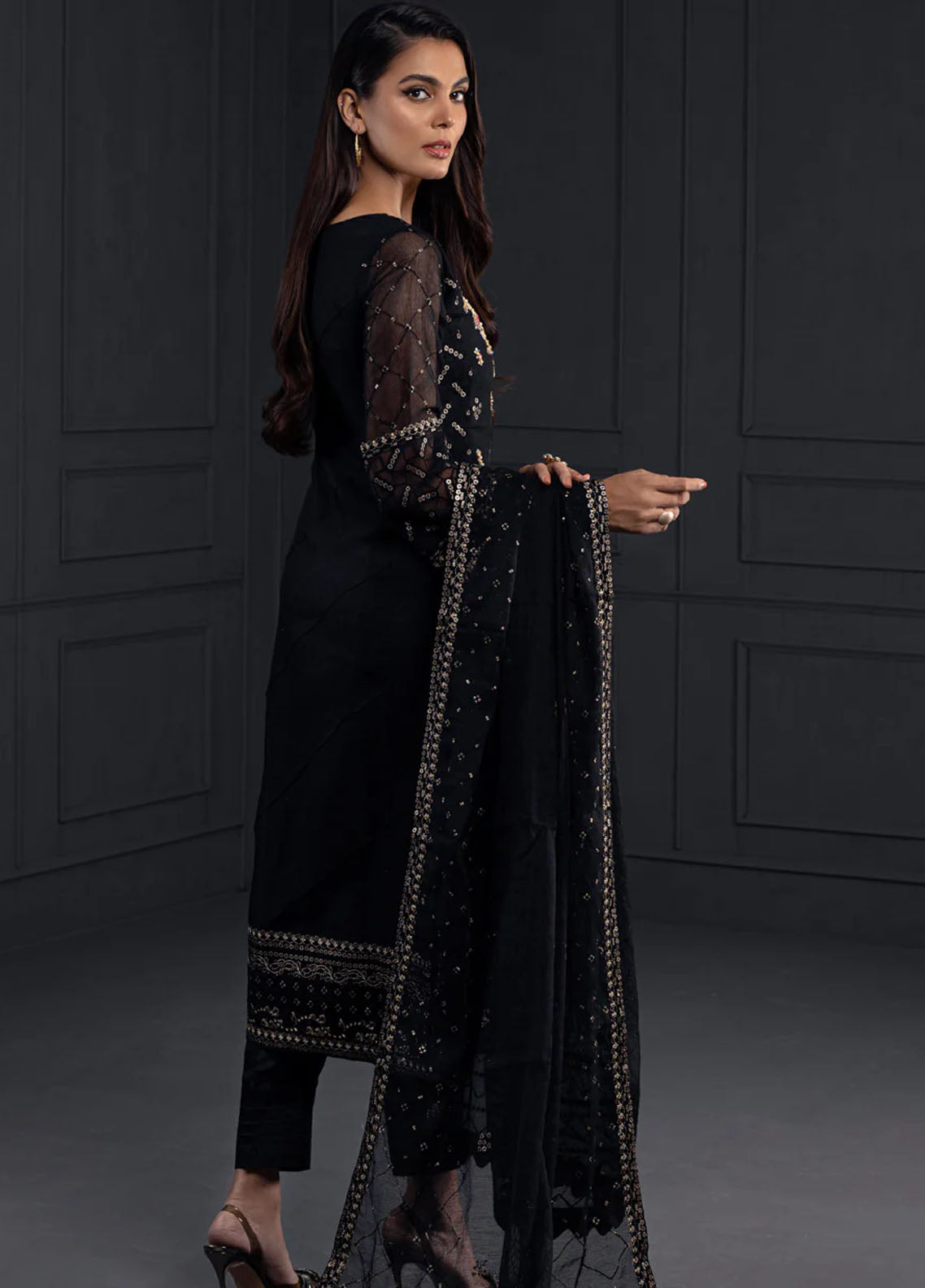 Shamooz Pret Embroidered Khaadi Net 3 Piece Suit SEM-0529 Black