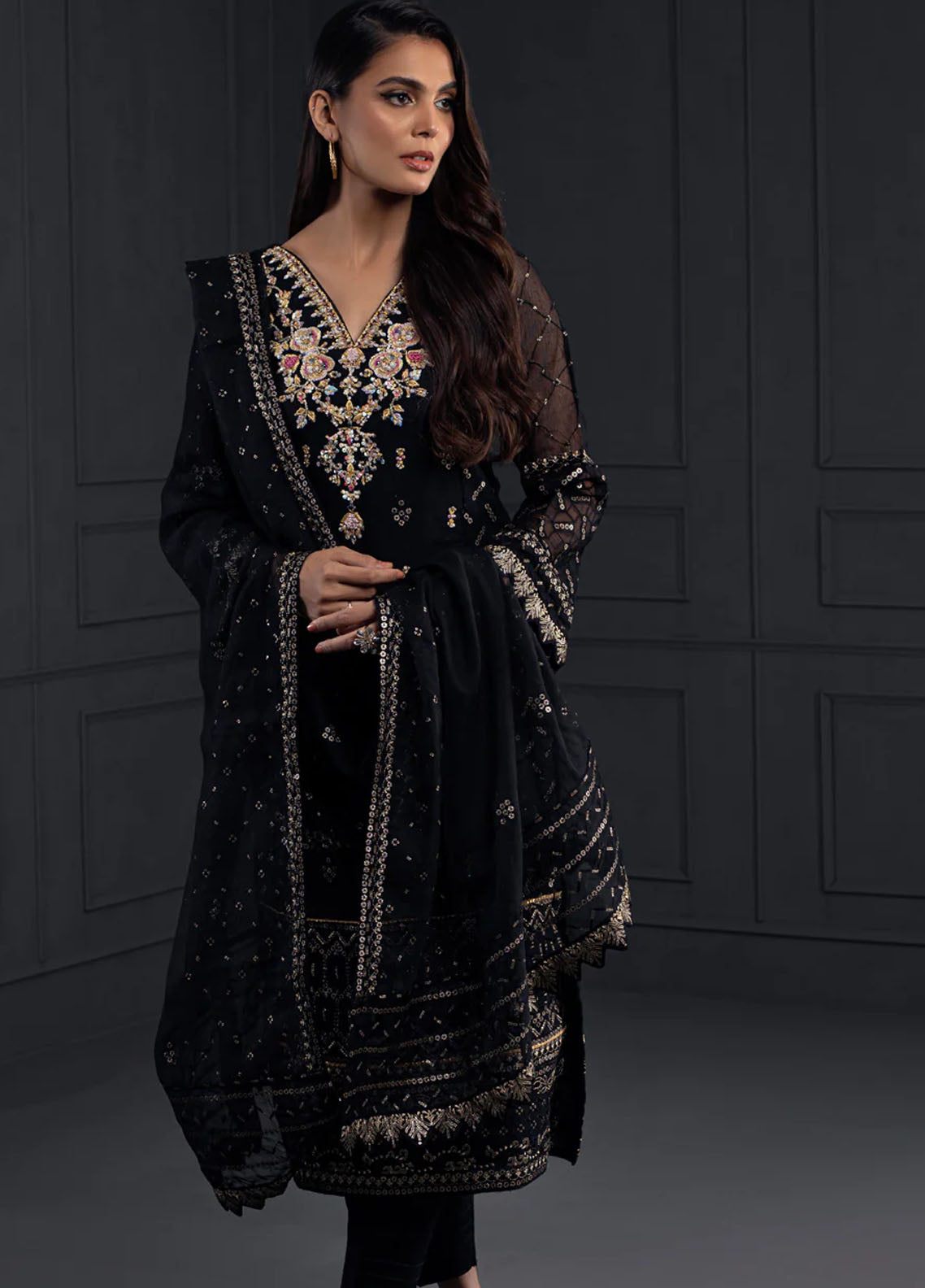 Shamooz Pret Embroidered Khaadi Net 3 Piece Suit SEM-0529 Black