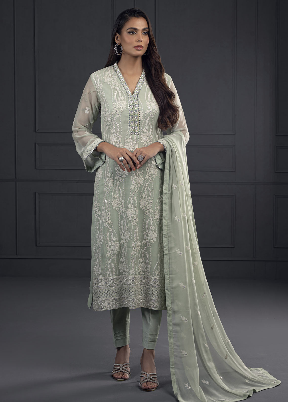 Shamooz Pret Embroidered Khaadi Net 3 Piece Suit SEM-0538 Green Olive