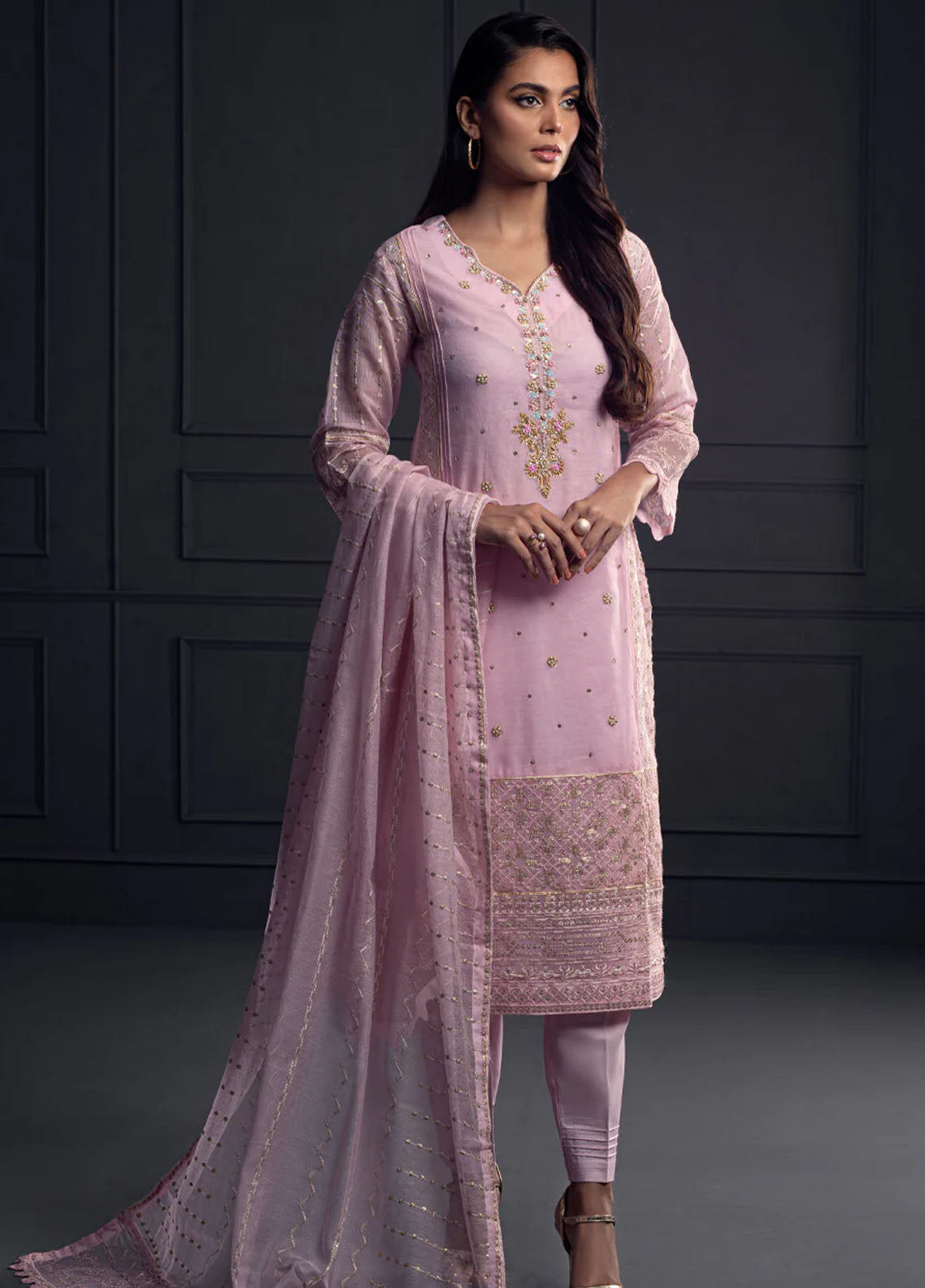 Shamooz Pret Embroidered Khaadi Net 3 Piece Suit SEM-0539 Daisy Pink