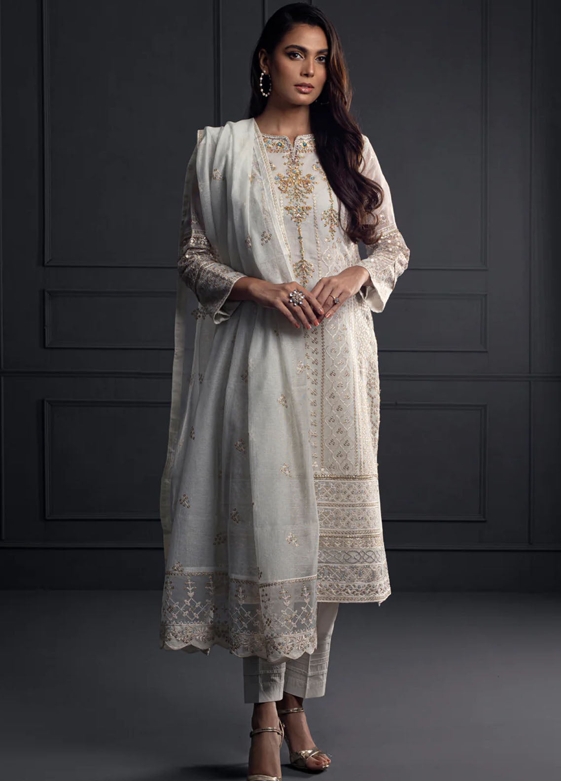 Shamooz Pret Embroidered Khaadi Net 3 Piece Suit SEM-0540 White Tulip