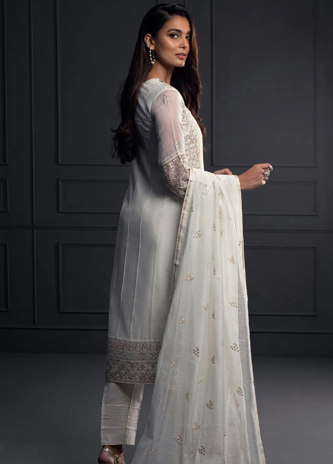 Shamooz Pret Embroidered Khaadi Net 3 Piece Suit SEM-0540 White Tulip