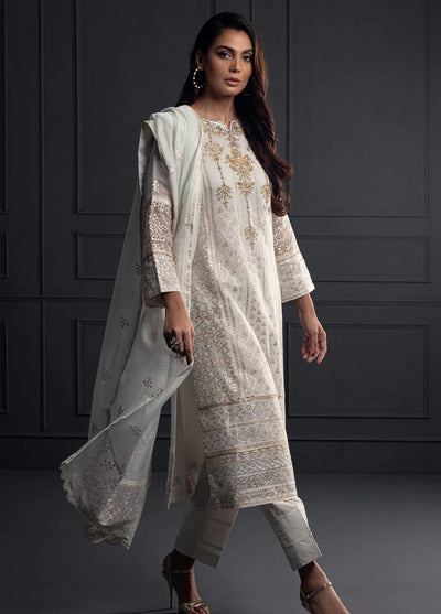 Shamooz Pret Embroidered Khaadi Net 3 Piece Suit SEM-0540 White Tulip