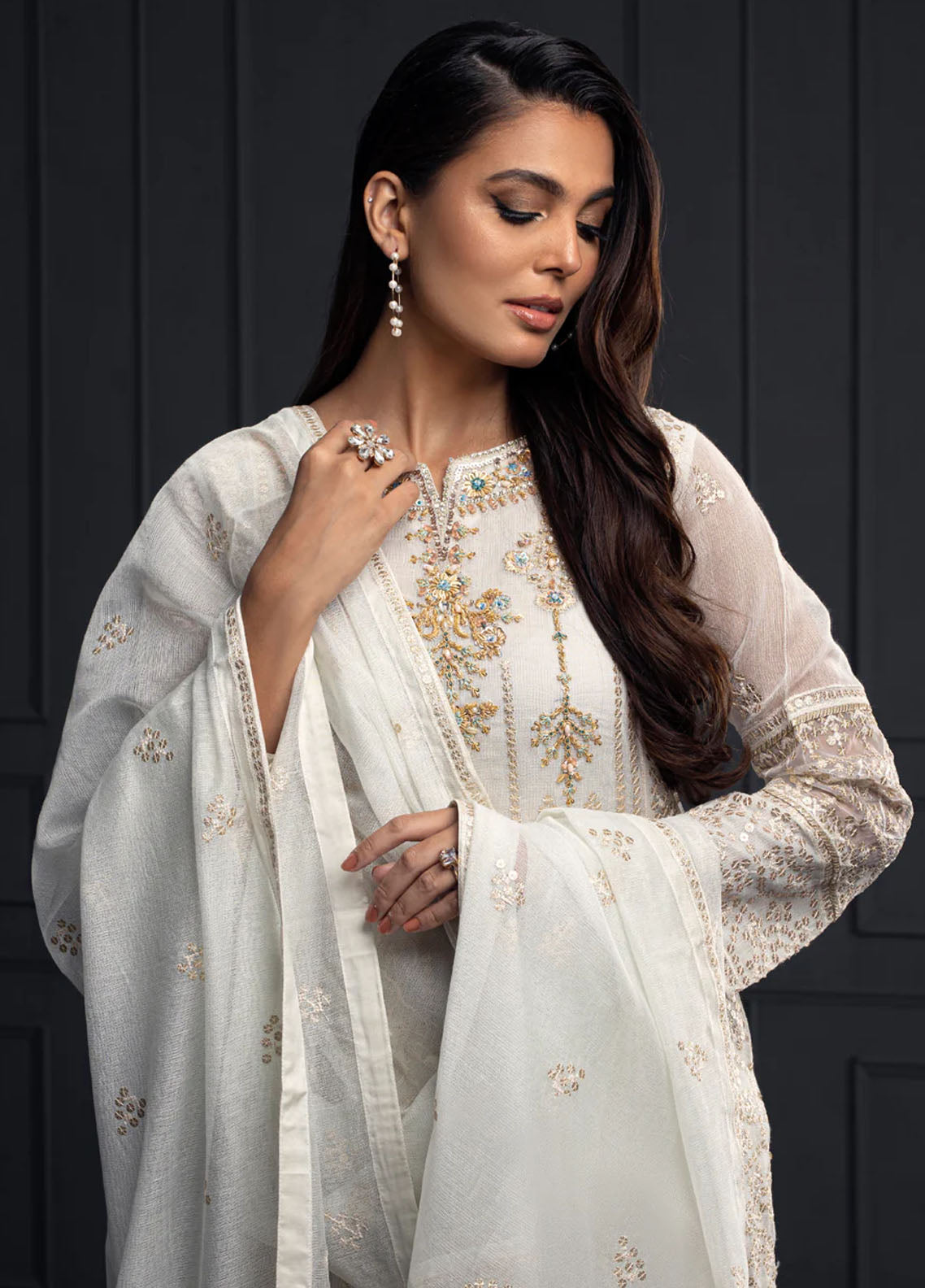 Shamooz Pret Embroidered Khaadi Net 3 Piece Suit SEM-0540 White Tulip