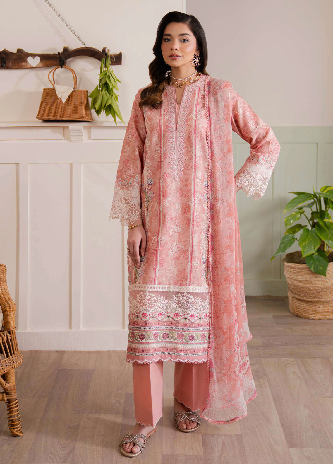 Summer Lines by Neeshay Embroidered Lawn Suits Unstitched 3 Piece NSH25SL Peach Flame
