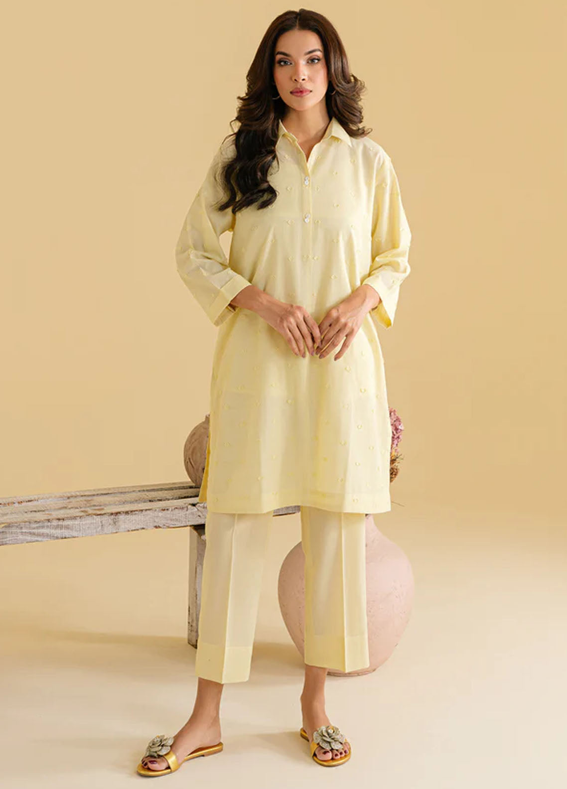 Sahar Pret Casual Jacquard 2 Piece Suit SSLJ-V1-06 Lemon drop