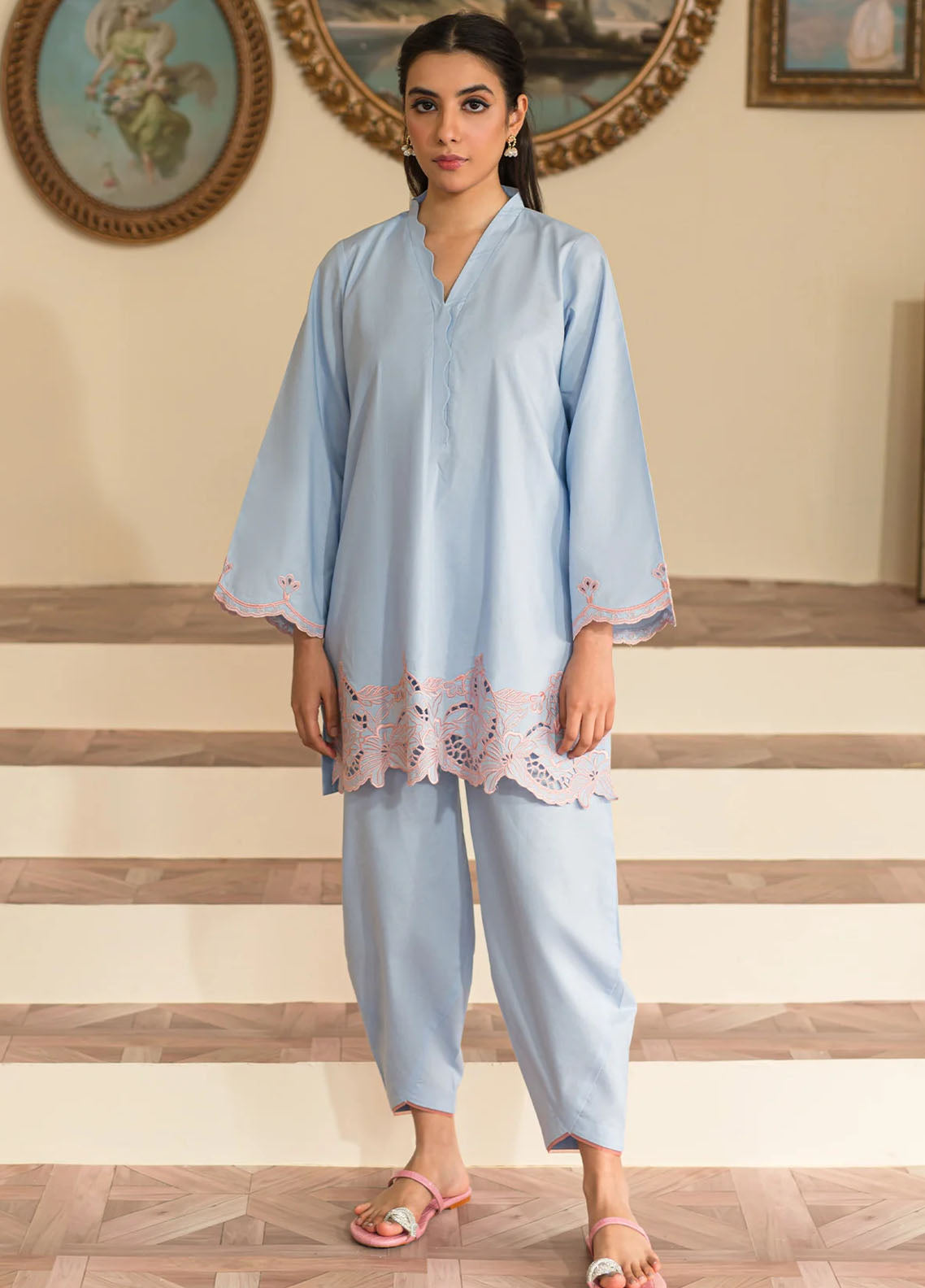 Sahar Pret Embroidered Cotton 2 Piece Suit SSCE-RK-01 Glacier Blue