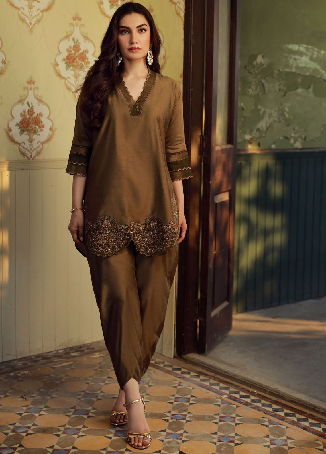 Sahar Pret Embroidered Cotton Silk 2 Piece Suit SSCS-SD-08 Warm Drift