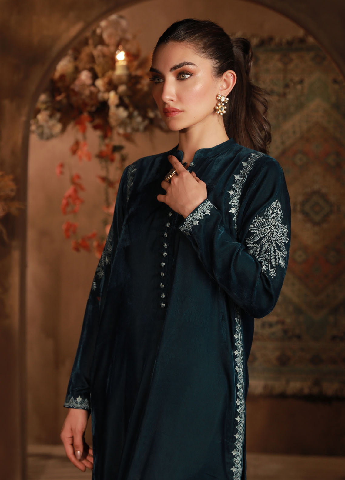 Sahar Pret Embroidered Velvet 2 Piece Suit Teal Allure