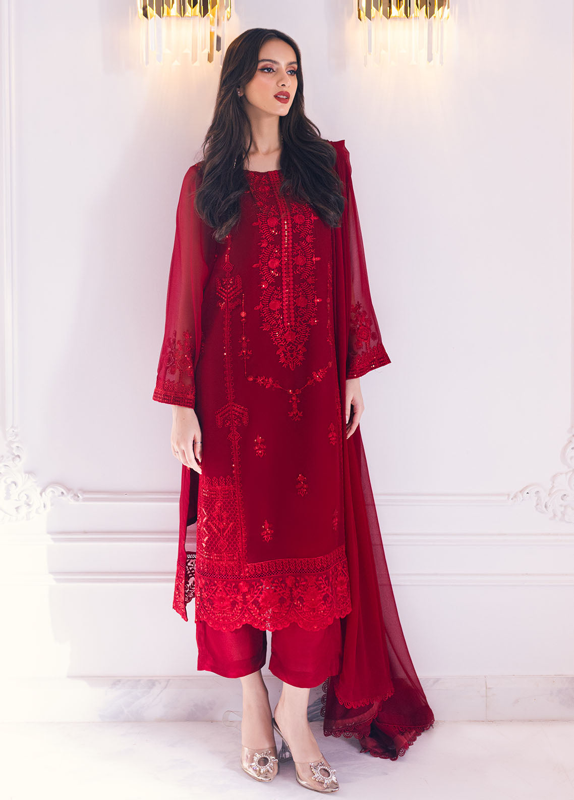 Sahane Ready To Wear Chiffon 3 Piece Suit SAH-1011 Scarlet - Pret Collection