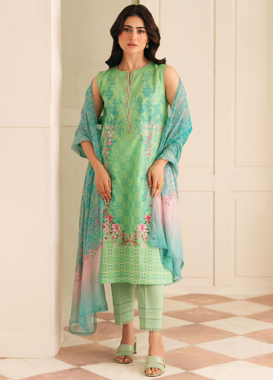 Selene by Sahar Printed Lawn Suits Unstitched 3 Piece SHR25S CL-V1-S25-11 Seafoam Garden