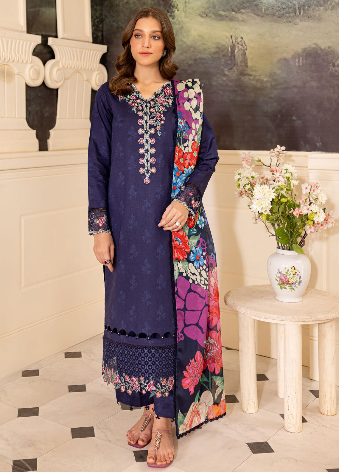 Seraya By Farasha Unstitched Lawn Collection 2024 D-02 Indigo