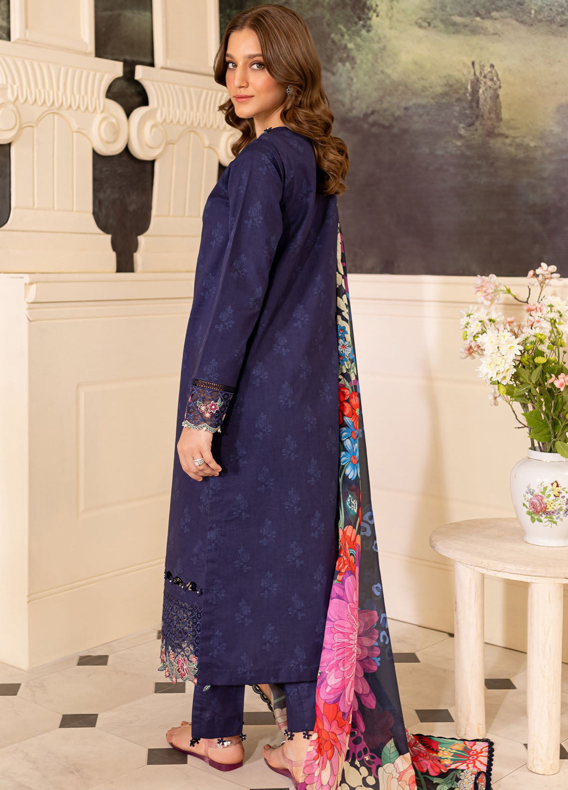 Seraya By Farasha Unstitched Lawn Collection 2024 D-02 Indigo