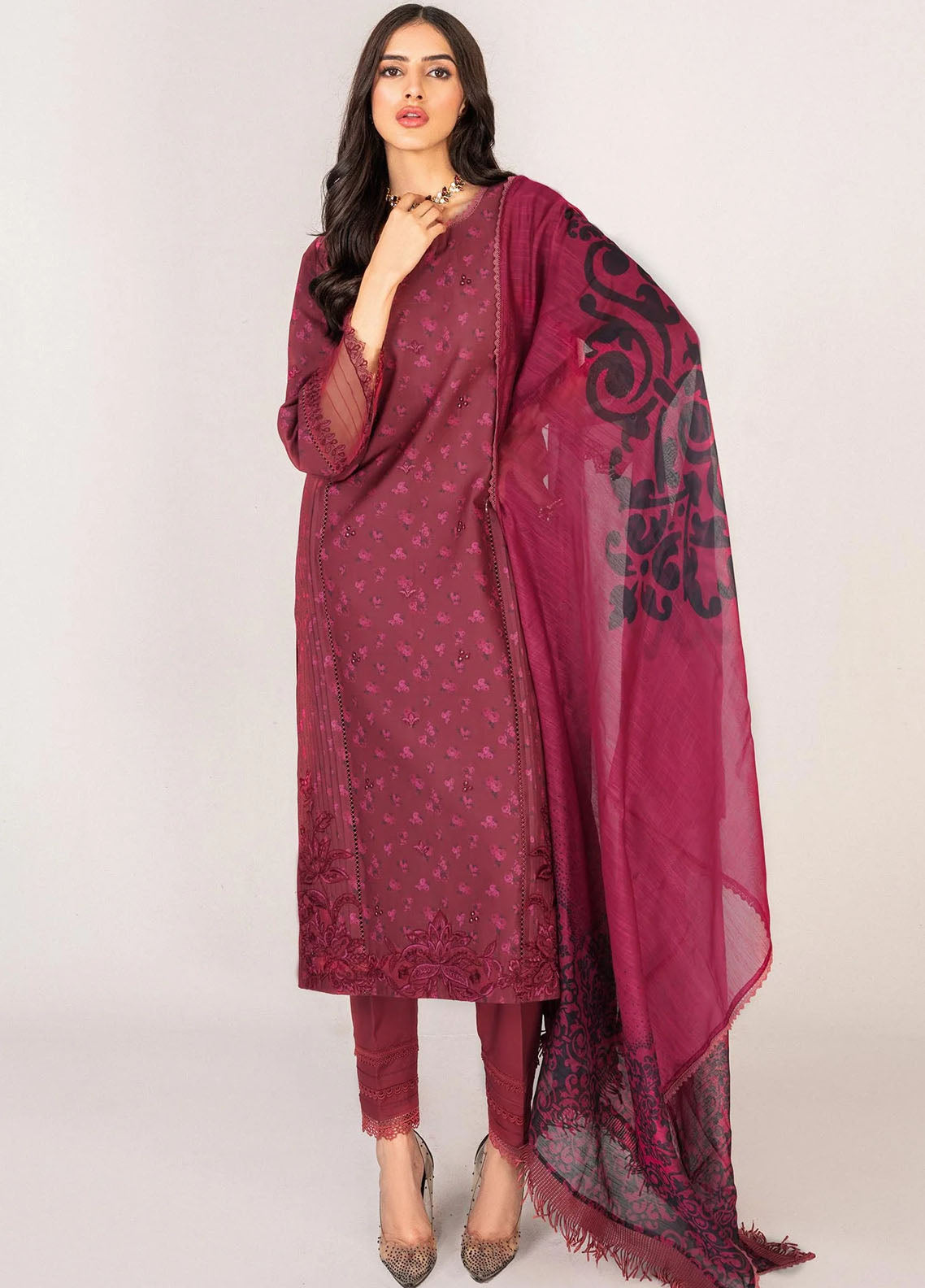Serene By Shazme Unstitched Lawn Collection 2023 SH-03 Majestic Maroon