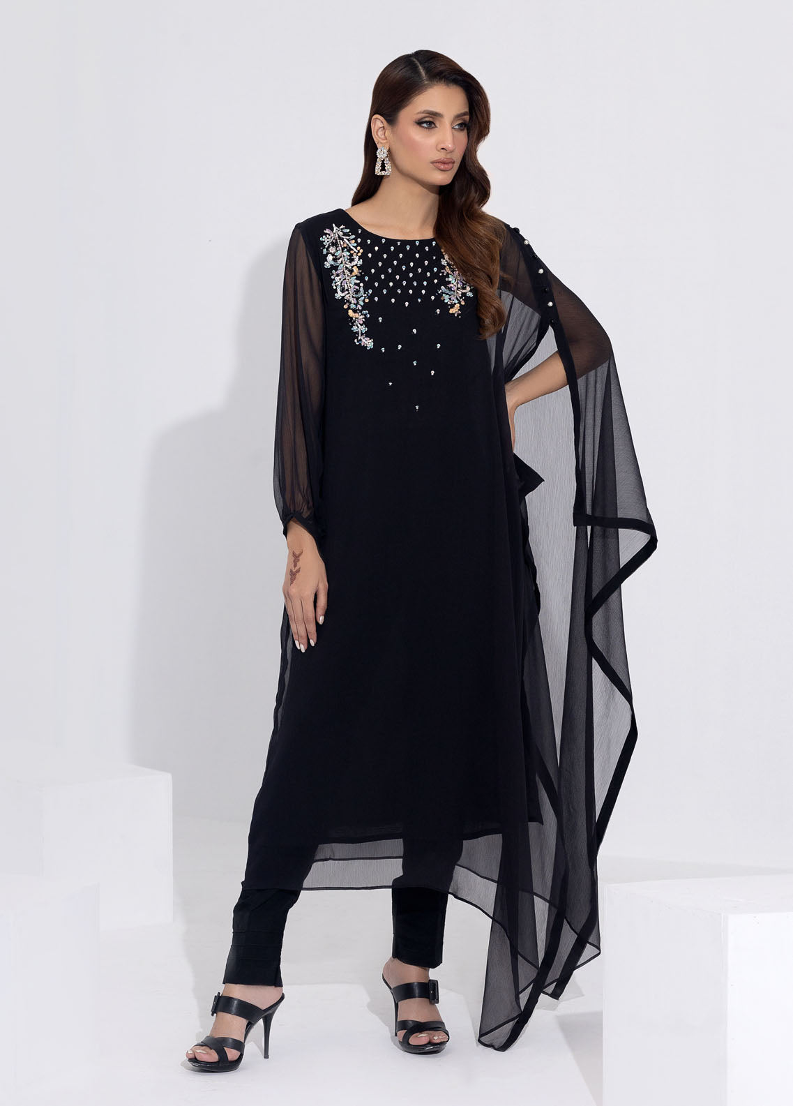 Shamooz Pret Embroidered Chiffon 3 Piece Suit SEM-0642 Black Bean