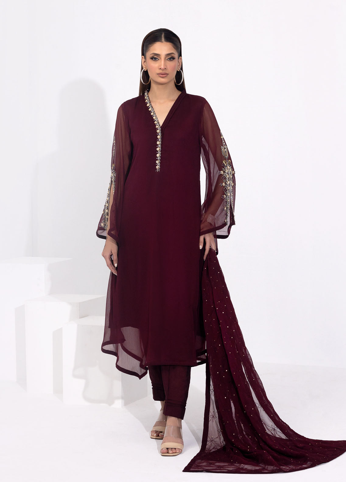 Shamooz Pret Embroidered Chiffon 3 Piece Suit SEM-0647 Plum Red