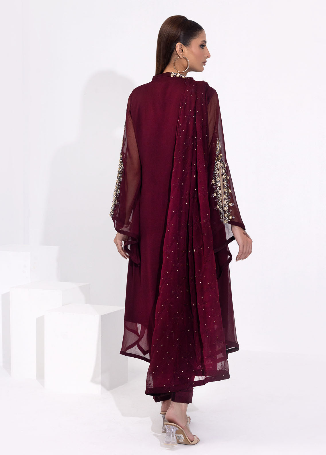 Shamooz Pret Embroidered Chiffon 3 Piece Suit SEM-0647 Plum Red