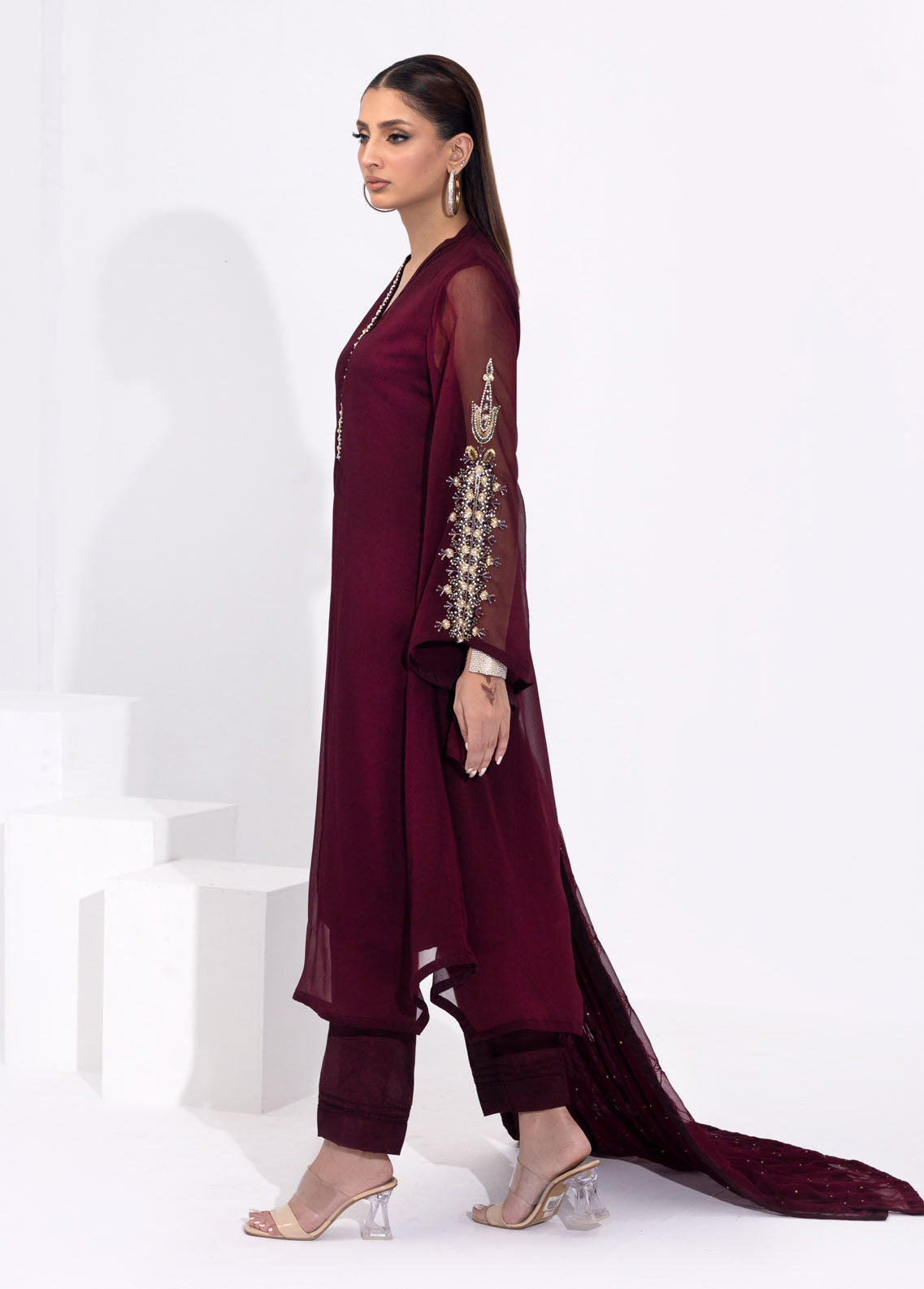 Shamooz Pret Embroidered Chiffon 3 Piece Suit SEM-0647 Plum Red