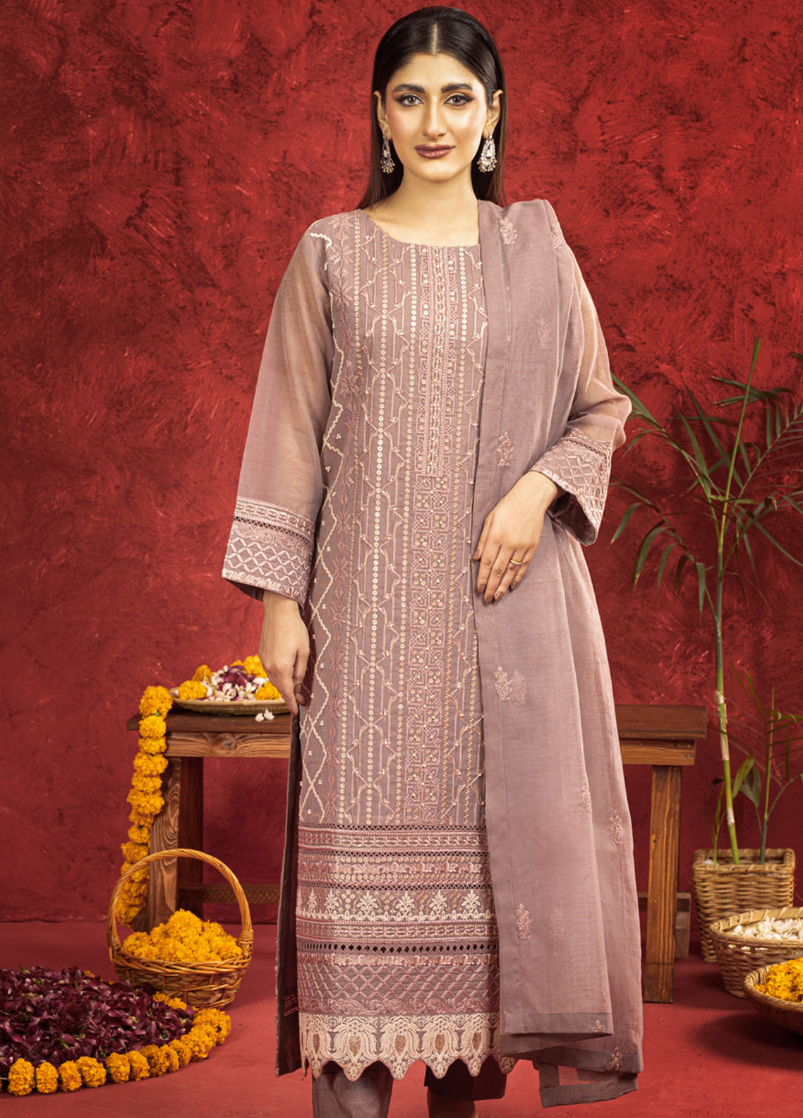 Shamooz Pret Embroidered Khaadi Net 3 Piece Suit SEM-0665