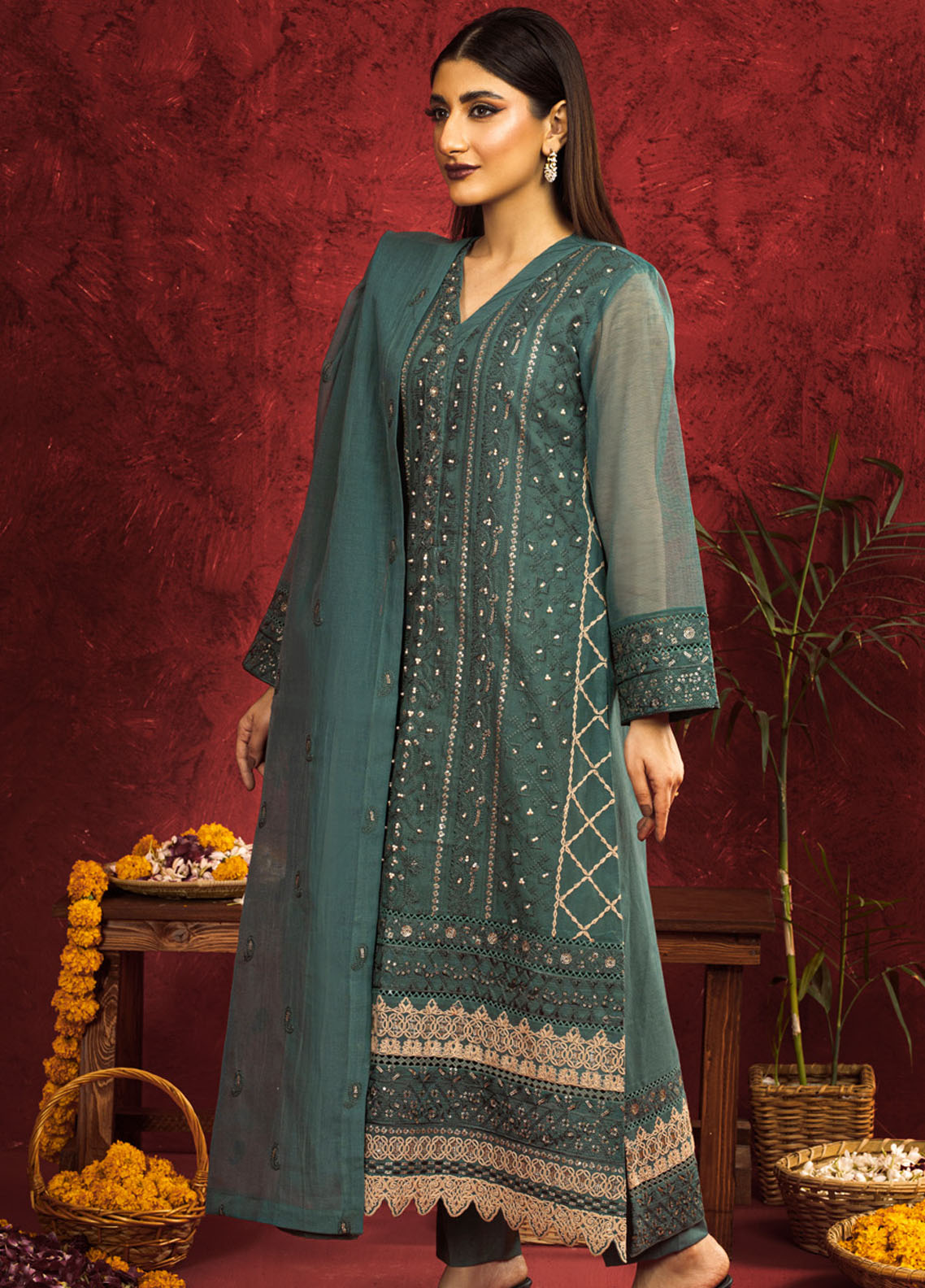 Shamooz Pret Embroidered Khaadi Net 3 Piece Suit SEM-0666