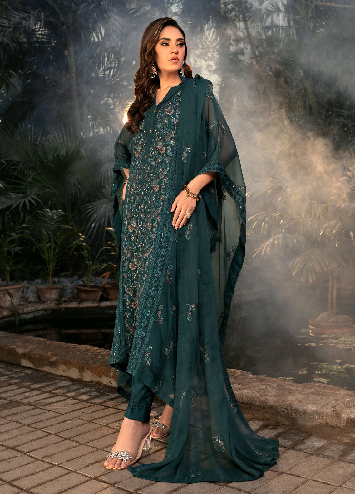 Shamooz Pret Formal Chiffon 3 Piece Suit SEM-0632 Bottle Green