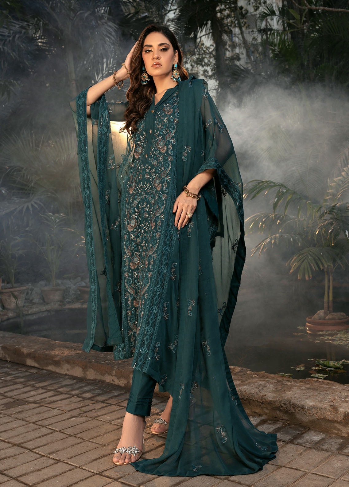 Shamooz Pret Formal Chiffon 3 Piece Suit SEM-0632 Bottle Green