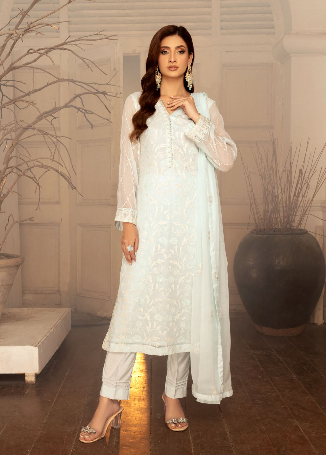 Shamooz Pret Formal Chiffon 3 Piece Suit SEM-0636 Powder Blue