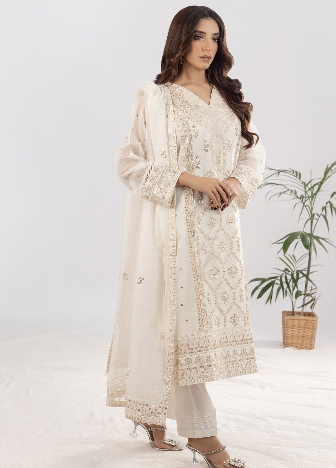 Shamooz Pret Formal Khaadi Net 3 Piece Suit SEM-0612 Glam White