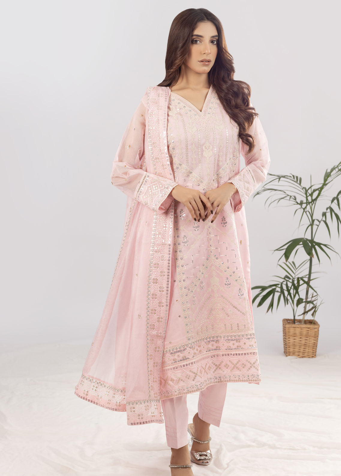 Shamooz Pret Formal Khaadi Net 3 Piece Suit SEM-0615 Glam Pink