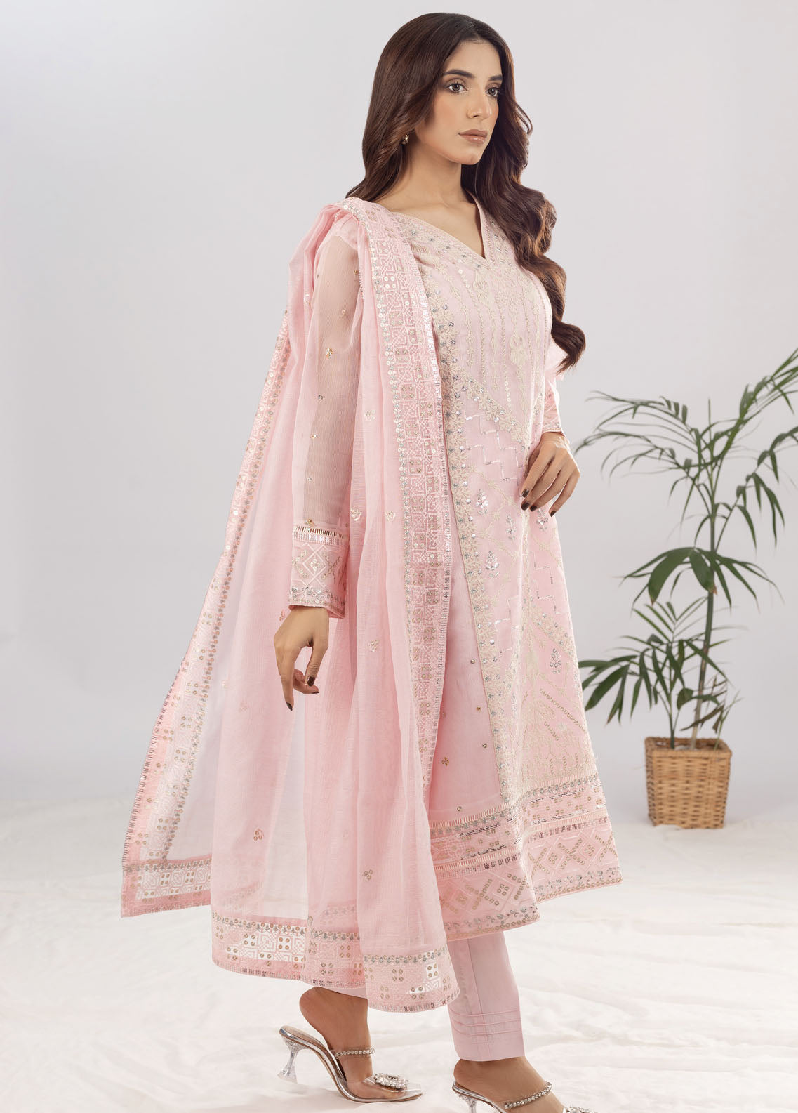 Shamooz Pret Formal Khaadi Net 3 Piece Suit SEM-0615 Glam Pink