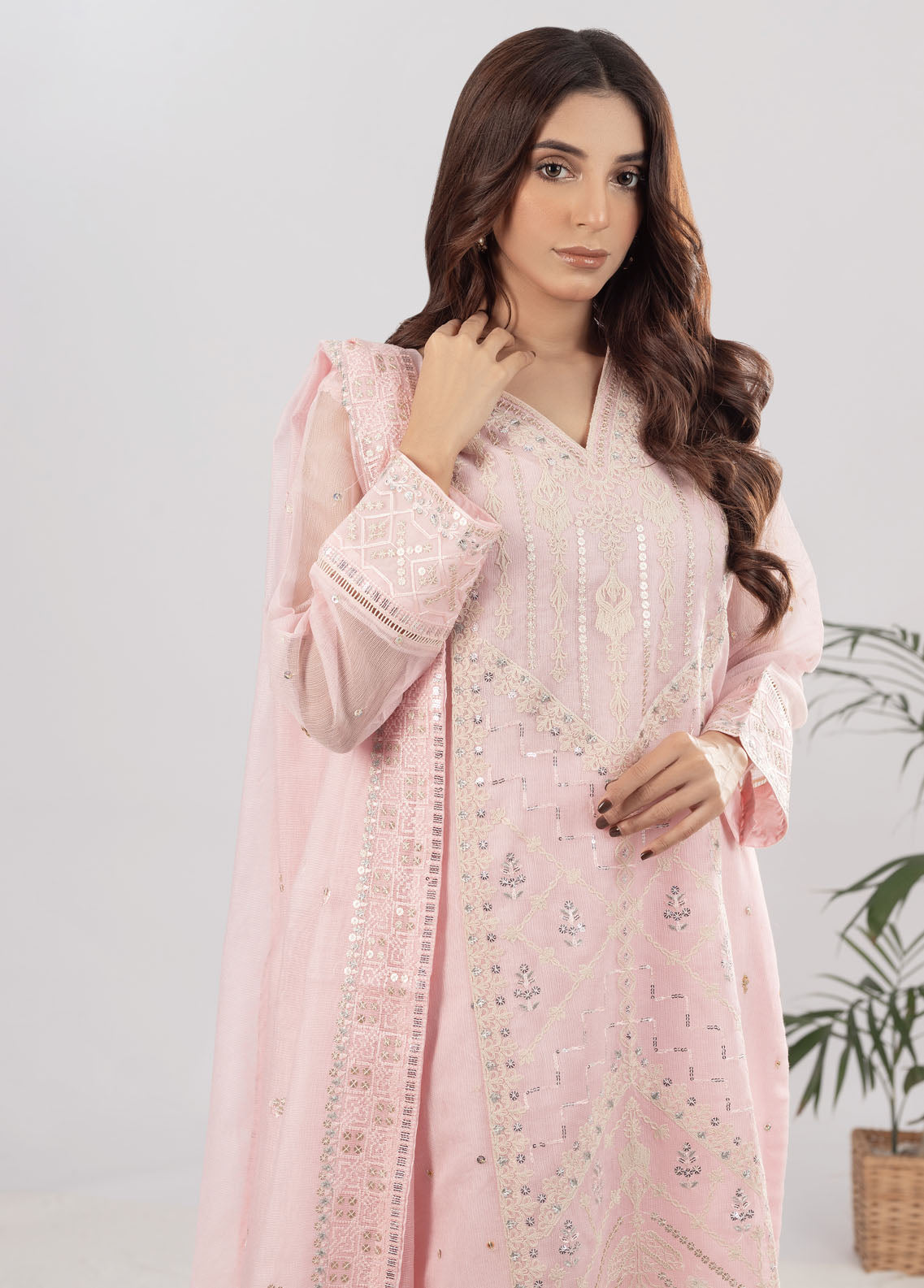 Shamooz Pret Formal Khaadi Net 3 Piece Suit SEM-0615 Glam Pink