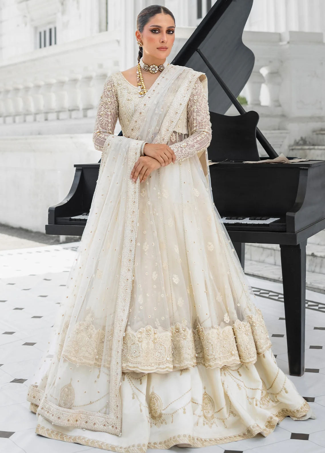 Jahan by Erum Khan Embroidered Net Suits Unstitched 3 Piece EK25V4 Snow Pearl - Formals Collection